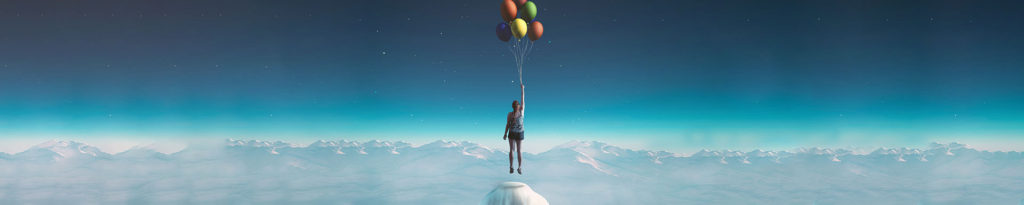 Girl floating above the clouds holding a bunch of balloons