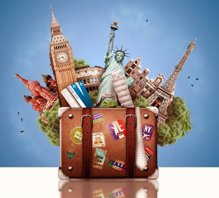 Travel the world. suitcase is filled with many places to go. i.e. Statue of Liberty and Eiffel Tower
